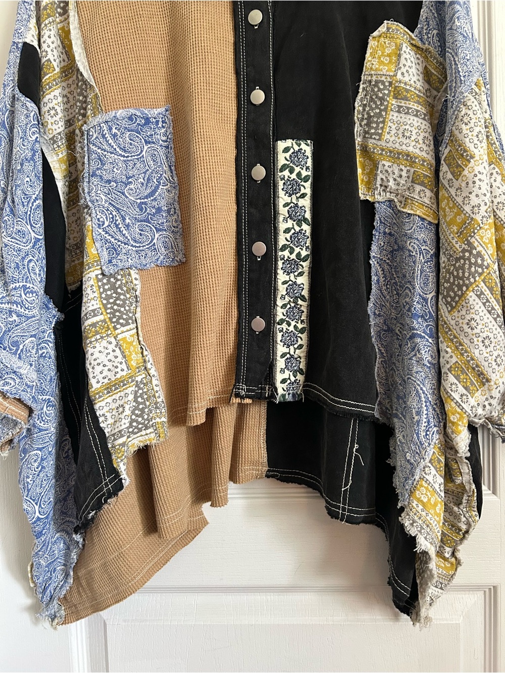 POL Button Shirt NWT Dolman Sleeve Mixed Fabric Western Patchwork Boho Oversized - Picture 3 of 11
